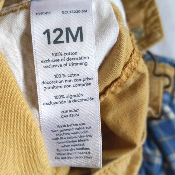 oshkosh b'gosh tan cotton twill carpenter vestbak overalls with plaid 12 months - Picture 5 of 10